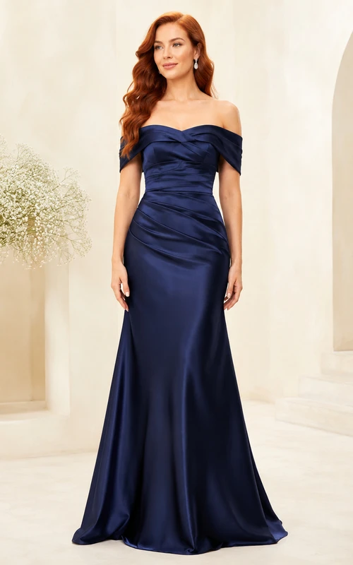 Midnight Blue Off Shoulder Ruched Satin Mermaid Evening Gown