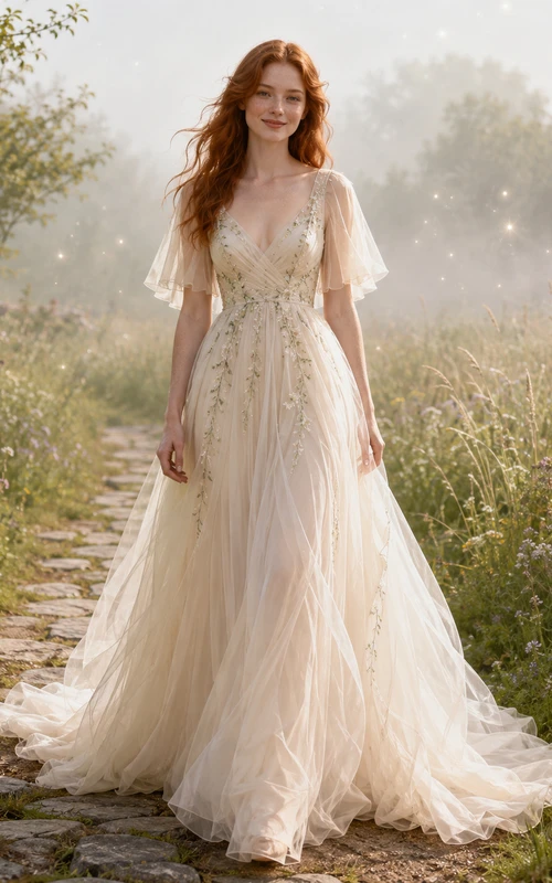 Fairy Meadow V-Neck Flutter Sleeve Embroidered Tulle Wedding Dress