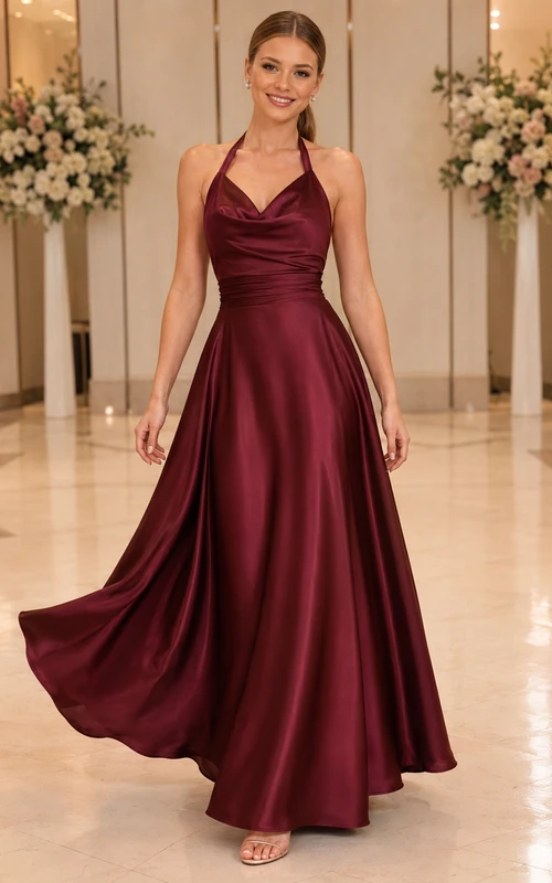 Burgundy Satin Halter V Neck A Line Formal Gown