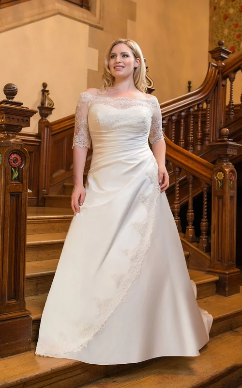 Half-Sleeve Lace Floor-Length A-Line Brush-Train Dress