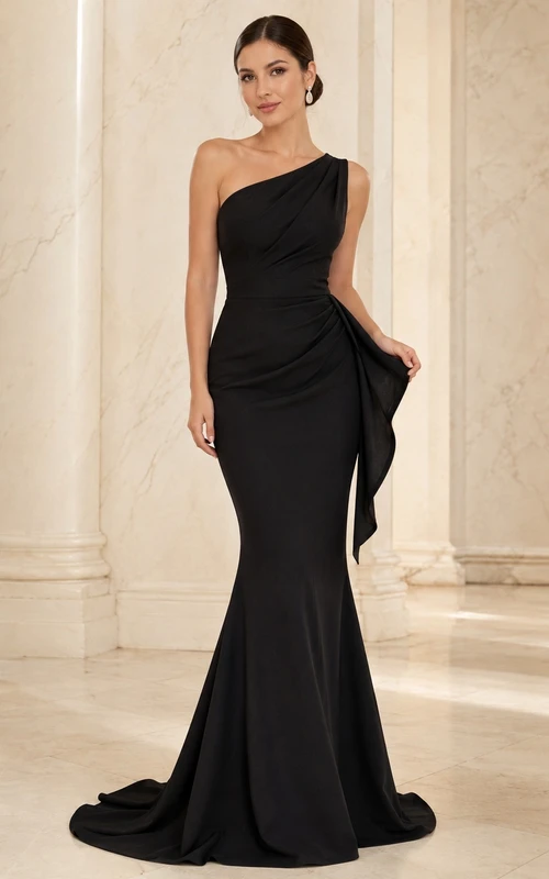 Black One-Shoulder Draped Satin Mermaid Floor-length Sweep Train Evening Dress