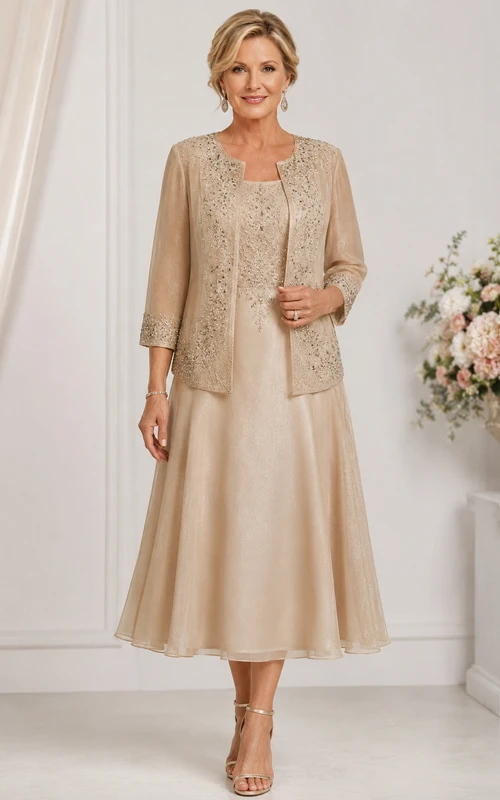 Champagnerfarbenes, verziertes, wadenlanges Mutterkleid mit passender Jacke