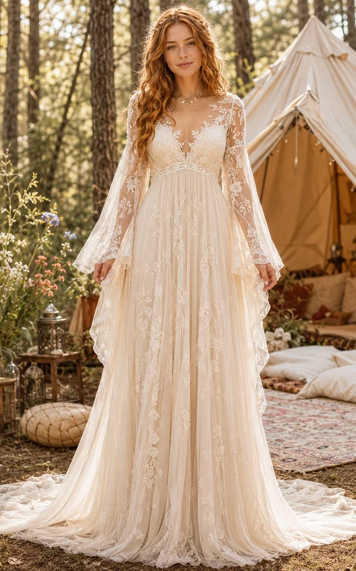 Boho Long Lace Sleeve Plunging A-Line Wedding Dress