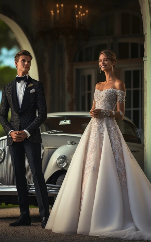 Vestido de novia romántico de gala con hombros descubiertos y mangas ilusión