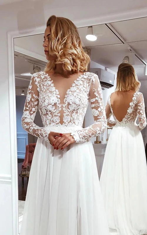 Long Sleeve Illusion Plunged Empire Chiffon Pleated Applique Floor-length Wedding Dress