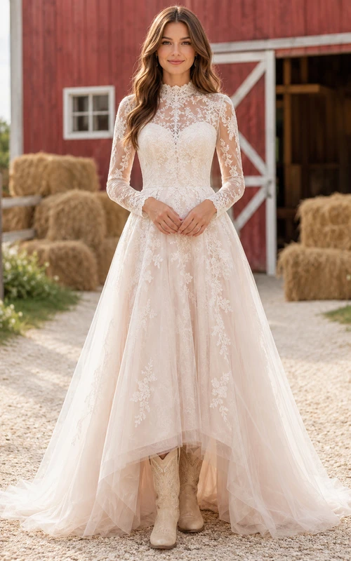 Vestido de novia color rosa empolvado de manga larga, corte en A, con cuello alto, encaje y falda de tul.