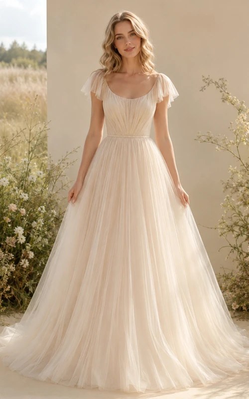 Champagne Flutter Sleeve Gathered Tulle A Line Wedding Gown