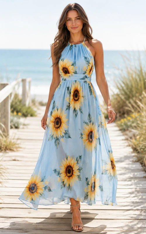 Blue Sunflower Print Halter Beach Vacation Maxi Dress