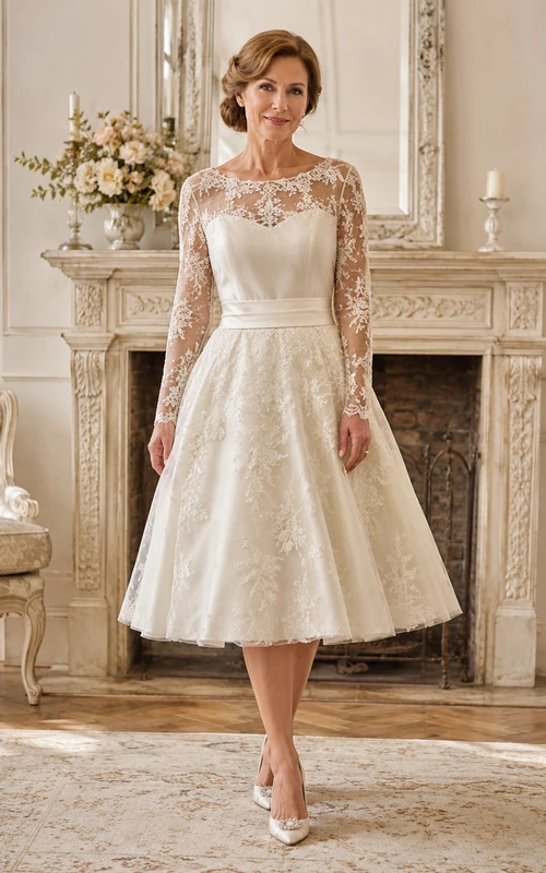 Vintage Mature Bride Jewel Neck Long Illusion Lace Sleeve Satin A-Line Tea-Length Wedding Dress