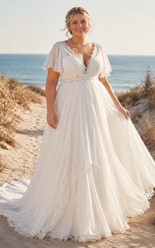 Plus Size Beach Empire V-Neck Petal Sleeve Chiffon Sweep Train Wedding Dress