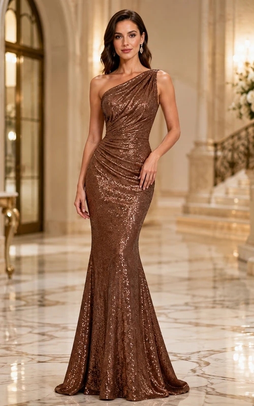 Brown Sexy Luxury One-Shoulder Sleeveless Sequins Sheath Floor-Length Evening Dress