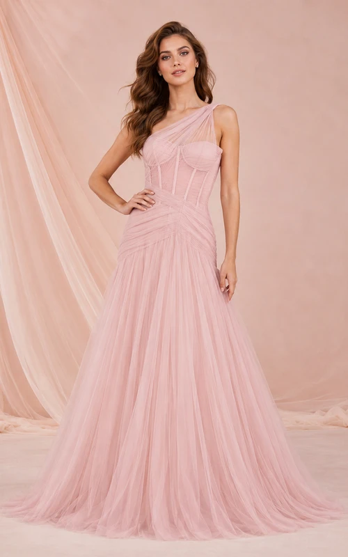 Blush one shoulder draped tulle A-line prom gown