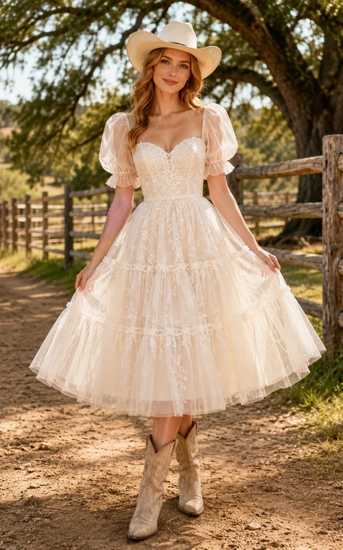 Country Romantic Casual A-Line Lace Tulle Wedding Dress with Sweetheart Puff Sleeves Short Sleeve Tea-Length Ruffled Low Back