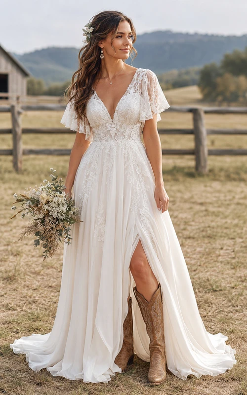 Vestido de novia campestre de gasa con mangas de volantes, corte en A, abertura frontal y cola.