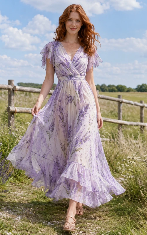 Lavender Field Print V-Neck Flutter Sleeve Boho Midi Dress