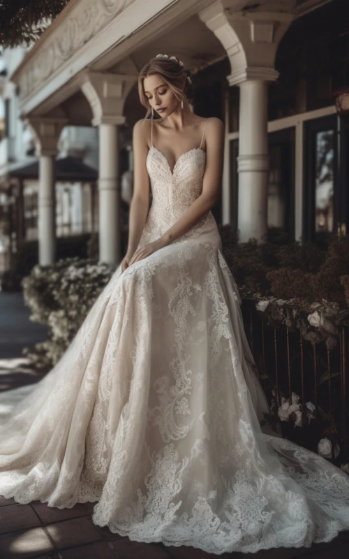 Spaghetti Straps Sweetheart Neck Luxury Lace Wedding Dress
