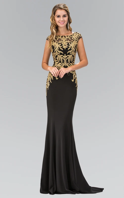 Sheath Bateau Cap-Sleeves Sweep Train Jersey Prom Dress with Illusion and Appliques