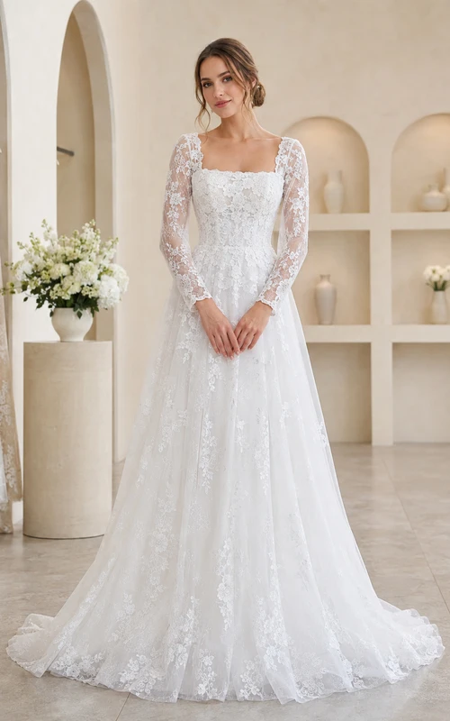 Long Sleeve Lace Square Neck Showroom A-Line Bridal Gown