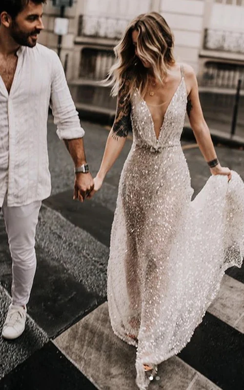 Plunged Beaded Sexy Sleeveless Spaghetti Sheath Wedding Dress