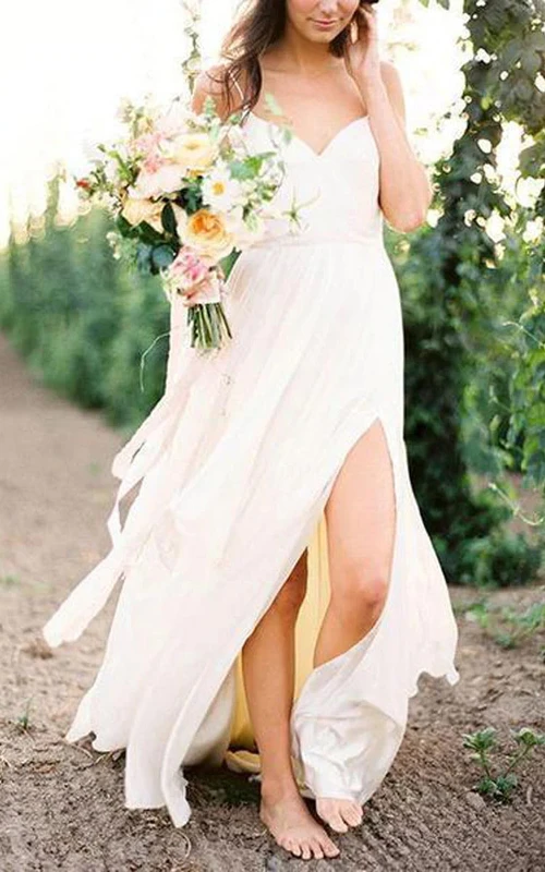 Spaghetti Summer Front Split Chiffon Flowy Empire Wedding Dress