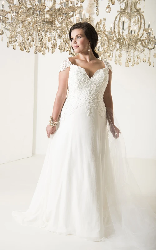 Cap Long-Train Appliqued Floor-Length A-Line Illusion Chiffon Gown