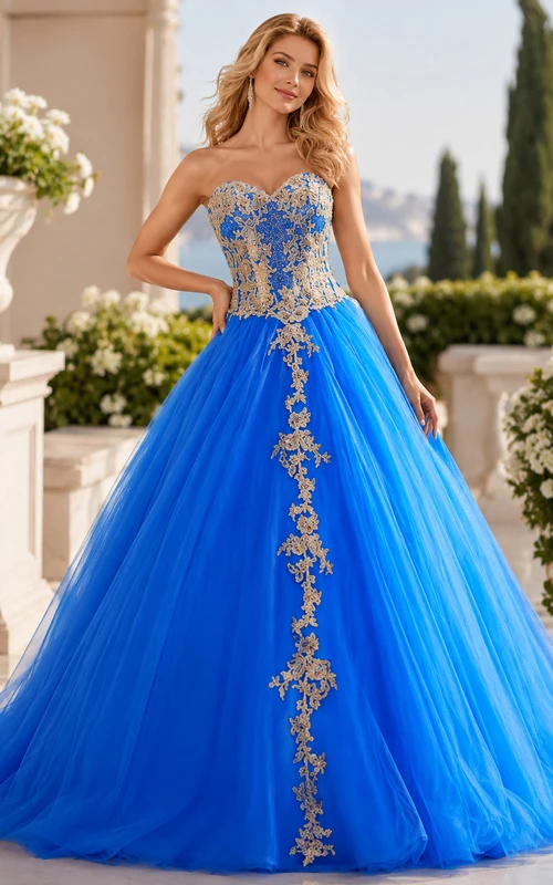 Robe de bal longue en tulle à lacets et fermeture éclair au dos, ornée de dentelle appliquée