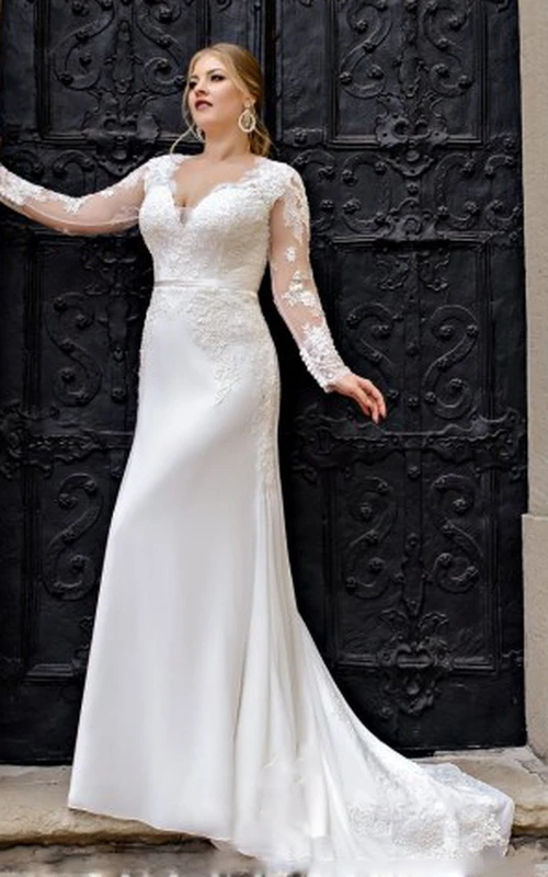 Vestido de novia informal de corte A, escote en V, satén, largo hasta el suelo, cola, manga larga y apliques.