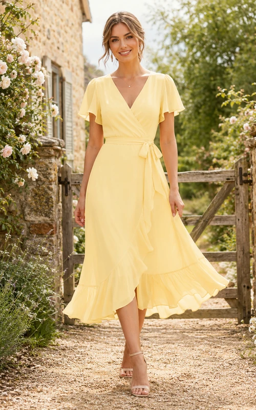 Robe portefeuille simple en mousseline à col en V et manches papillon, longueur thé, style champêtre.