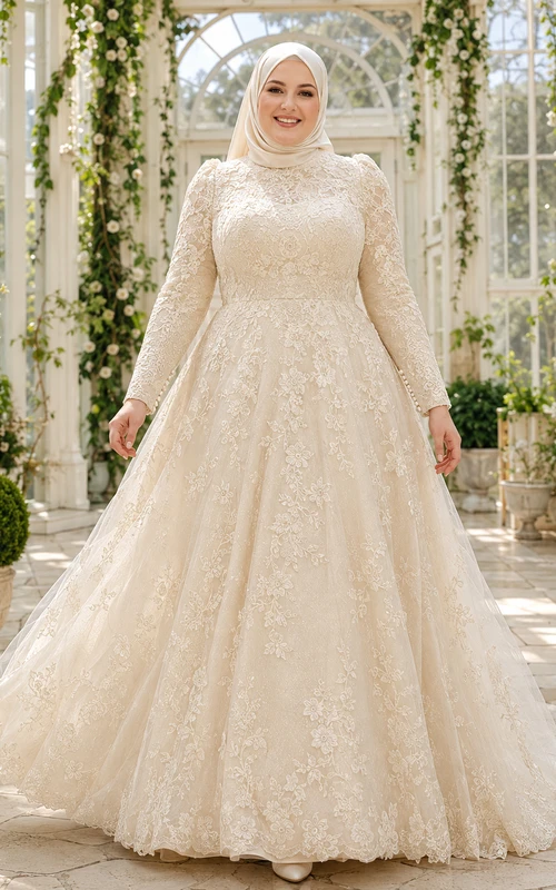 Plus Size Muslim Long Sleeve Lace Garden A-Line Wedding Dress
