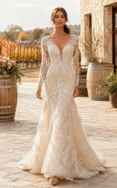 Fall Vineyard Long Sleeve Lace Mermaid Wedding Dress