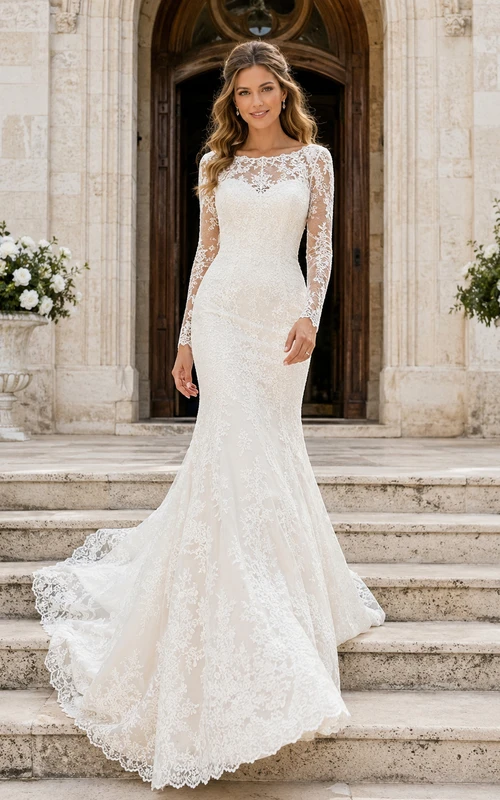 Elegant Long Sleeve Lace Mermaid Chapel Bridal Gown