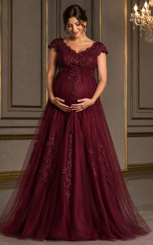 Maternity A-Line Lace Maternity Dress with V-neck, Short Sleeve and Lace Appliques, Floor Length