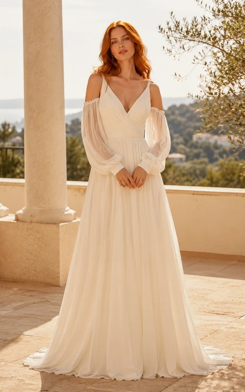 Detachable Bishop Sleeve V Neck Villa Terrace Gown