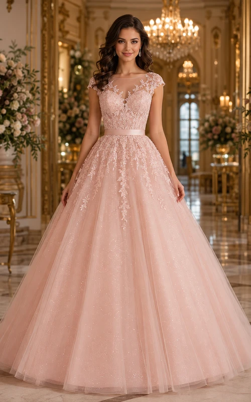 Robe de bal en tulle et dentelle rose poudré à manches courtes pour quinceañera