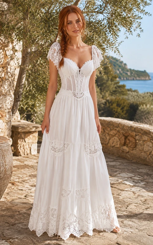 Elegant Lace Cap Sleeve Beach Wedding A Line Floor Length Corset V Neck Dress