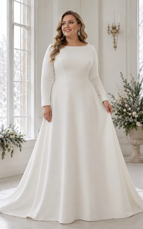Plus Size Bateau Jewel Long Sleeve Satin A-Line Low Back Chapel Wedding Gown