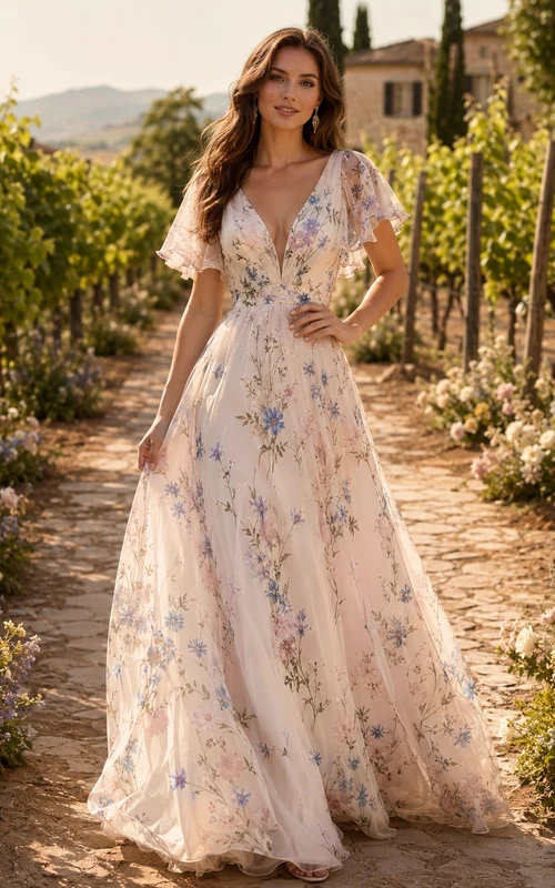 V Neck Floral Print Chiffon Vineyard Summer Wedding Gown