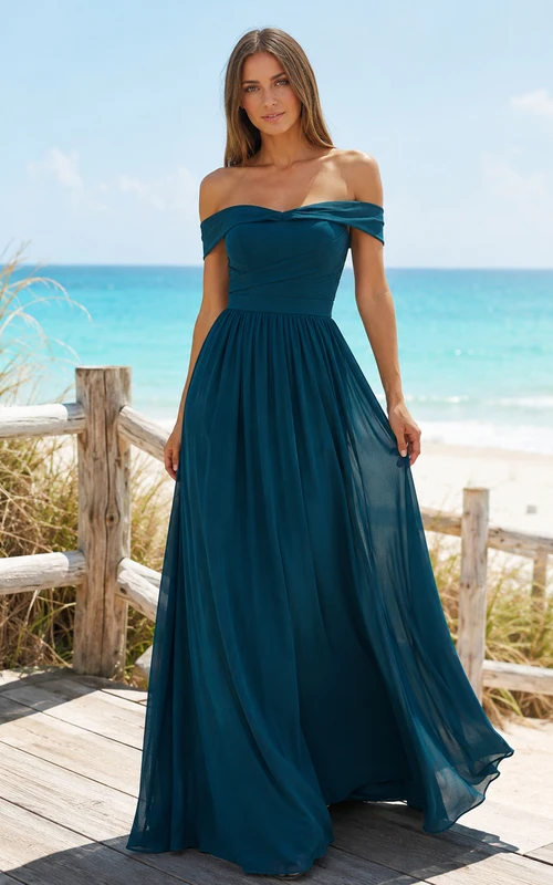 Peacock Tropical Beach A-Line Chiffon Bridesmaid Dress with Off-Shoulder Sweetheart Short Sleeve Bodice, Pleated Floor-Length Skirt and Zipper Back