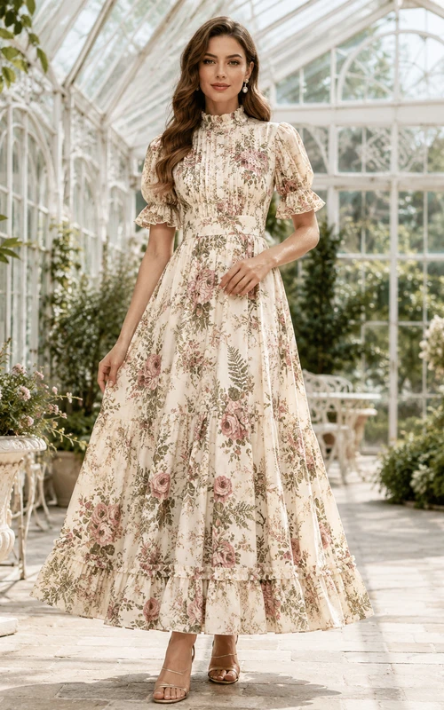 Rose Victorian Botanical High Neck Puff Sleeve Maxi Dress