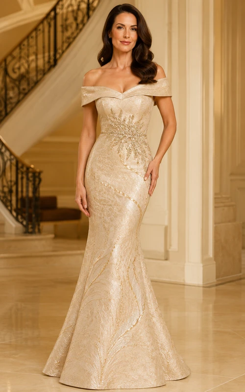 Vestido de sirena jacquard color champán con hombros descubiertos para madres y eventos formales.