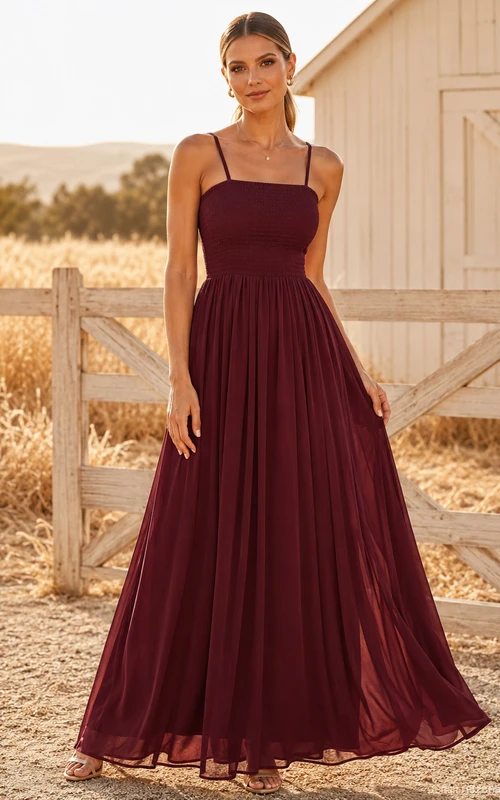 Ranch Burgundy Spaghetti Strap Chiffon A-Line Floor-Length Bridesmaid Dress