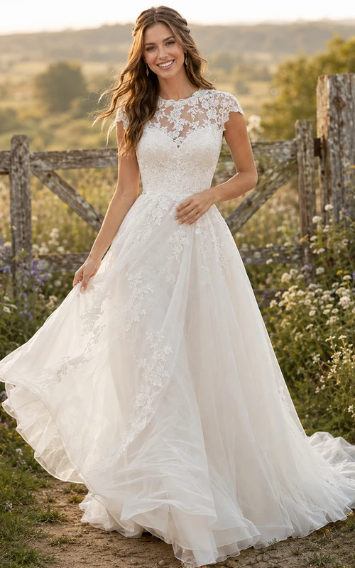 Rustic Scoop Cap Sleeve Lace Tulle A-Line Sweep Train Country Wedding Gown