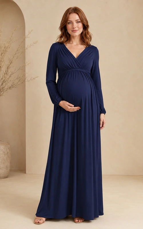 Maternity Long Sleeve Dark Navy Empire Floor-length V-neck Chiffon Modest Elegant Bridesmaid Formal Reception Dress