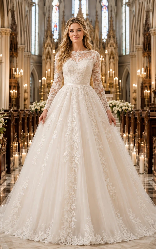 Long Sleeve Lace Ball Gown Cathedral Aisle Wedding Dress