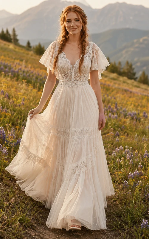 Flutter Sleeve Lace Chiffon Mountain Meadow Bridal Gown