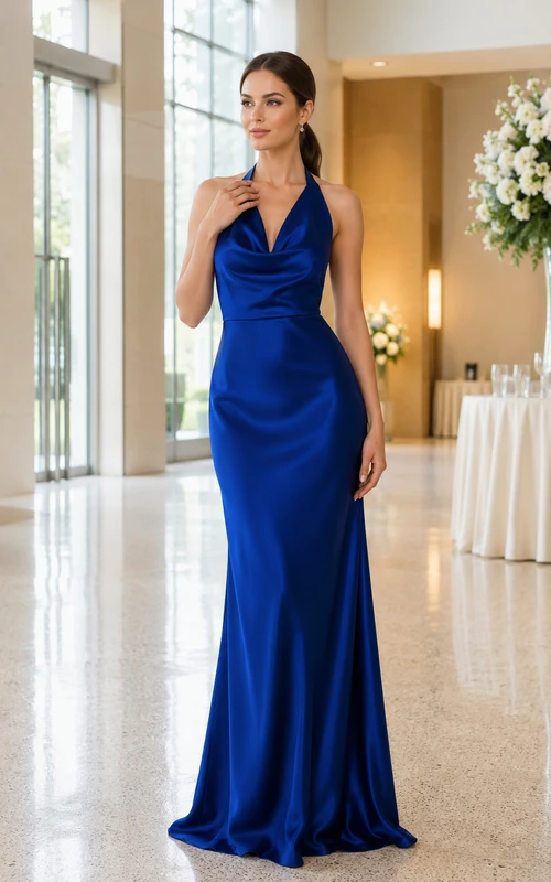 Royal blue halter V-neck mermaid floor gala dress