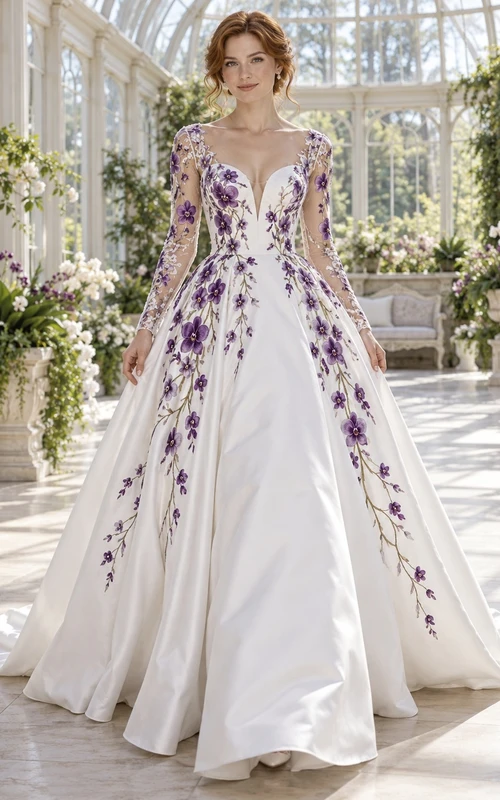 Robe de mariée trapèze en satin orchidée à manches longues illusion, décolleté cœur