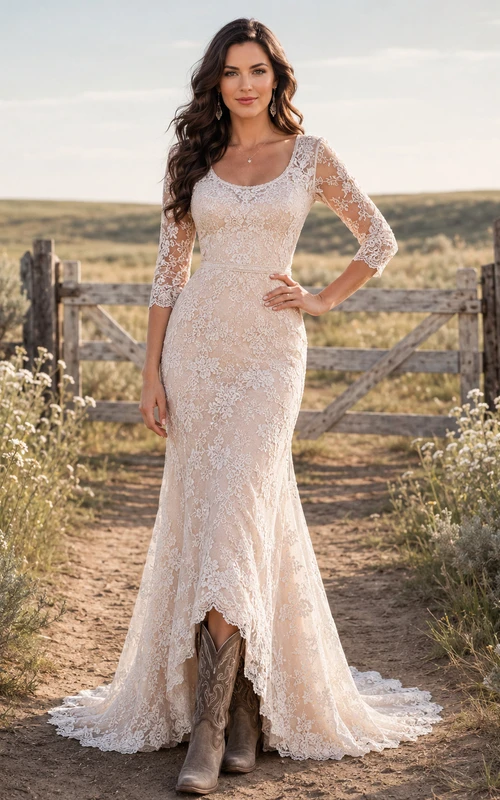 Vestido de novia de encaje asimétrico con escote en V y espalda descubierta. Sexy y romántico, de tul.