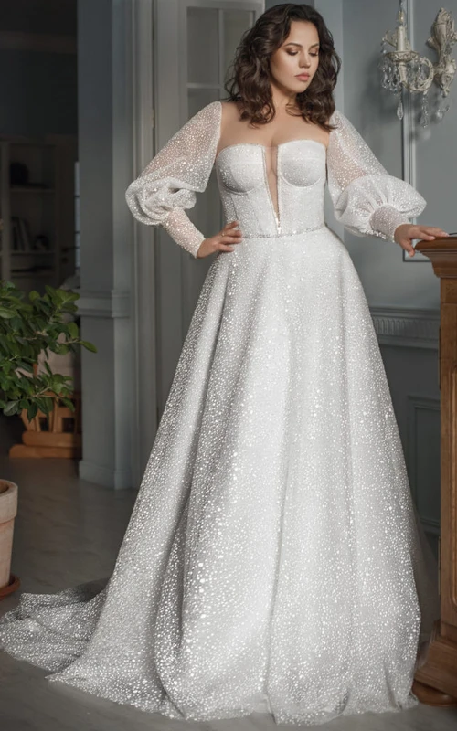 Vestido de novia de talla grande con escote corazón, bordados y mangas abullonadas, corte en A, estilo corazón y con cuentas.