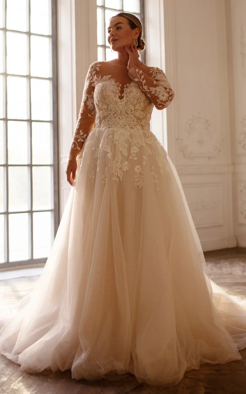 Vestido de novia sencillo de encaje estilo baile, con escote barco y cola larga, con apliques.